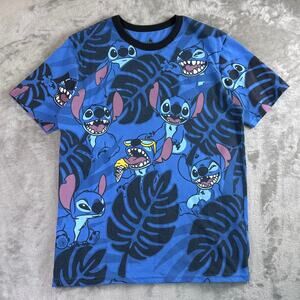 Disney Stitch All Over Print Blue Graphic T-Shirt AOP Cartoon Tee Sz Men’s M